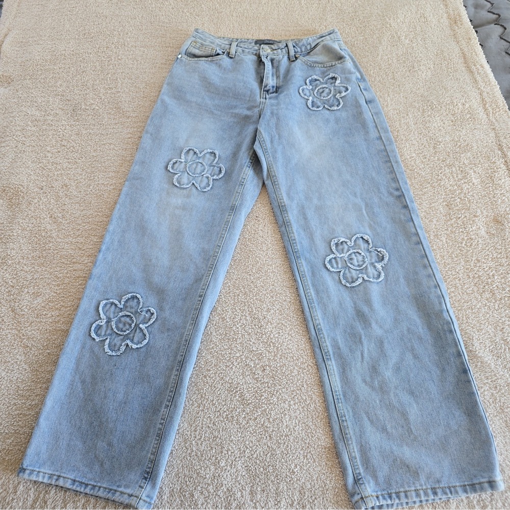 Cali 1850 Daisy Patch Low Rise Wide Leg Denim Jeans Boho-chic Floral Applique 9